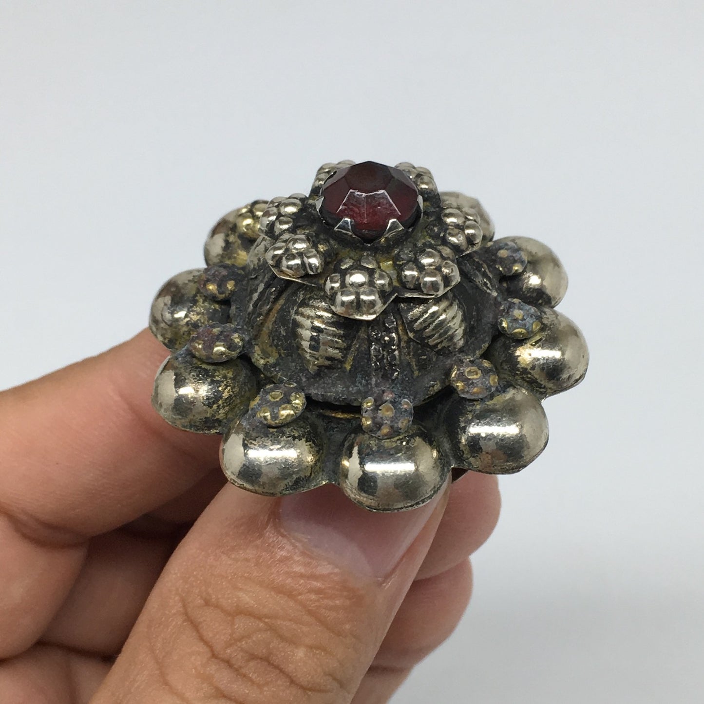 1.6"Antique Tribal Turkmen Kuchi Ring Round Red Glass Plastic Boho,8.5,TR210