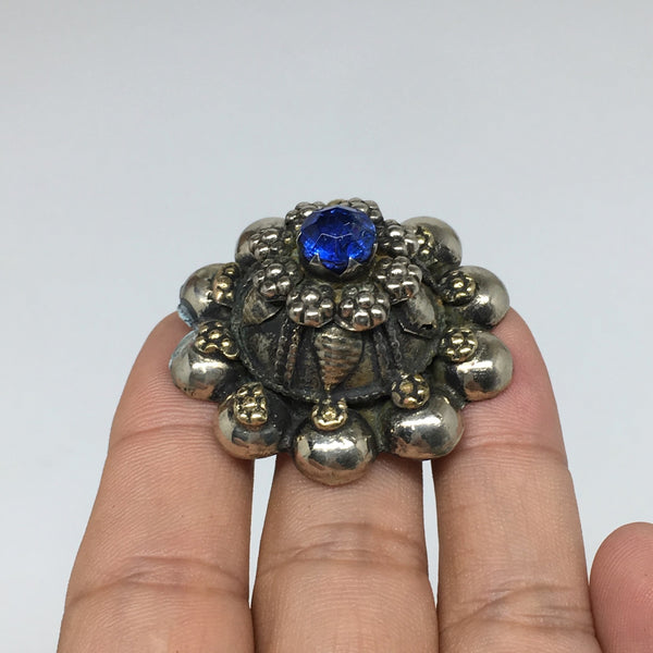 1.6"Antique Tribal Turkmen Kuchi Ring Round Blue Glass Plastic Boho,8.5,TR215