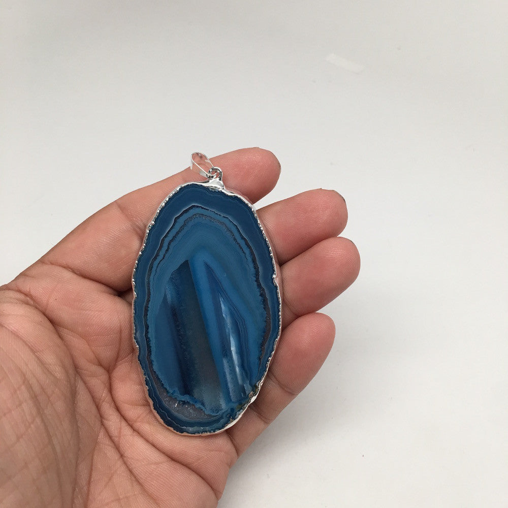 121.5 cts Blue Agate Slice Electroplated Silver Plated Pendant from Brazil, D60
