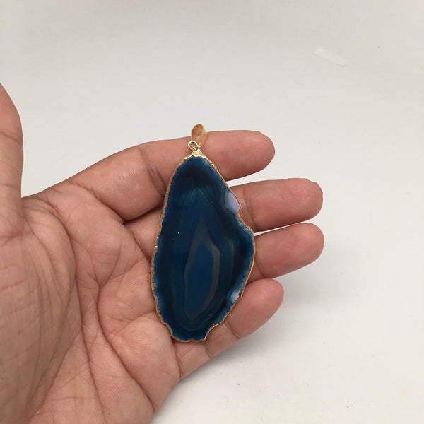 77 cts Blue Agate Slice Electroplated Gold Plated Pendant from Brazil, D74