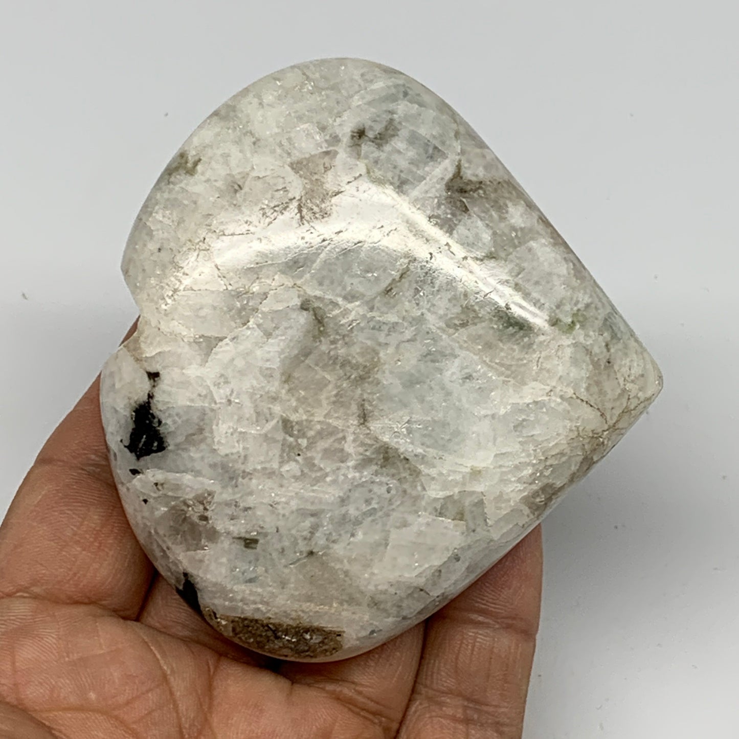 207.5g, 2.8"x3.1"x1.1", Rainbow Moonstone Heart Crystal Gemstone @India, B26384