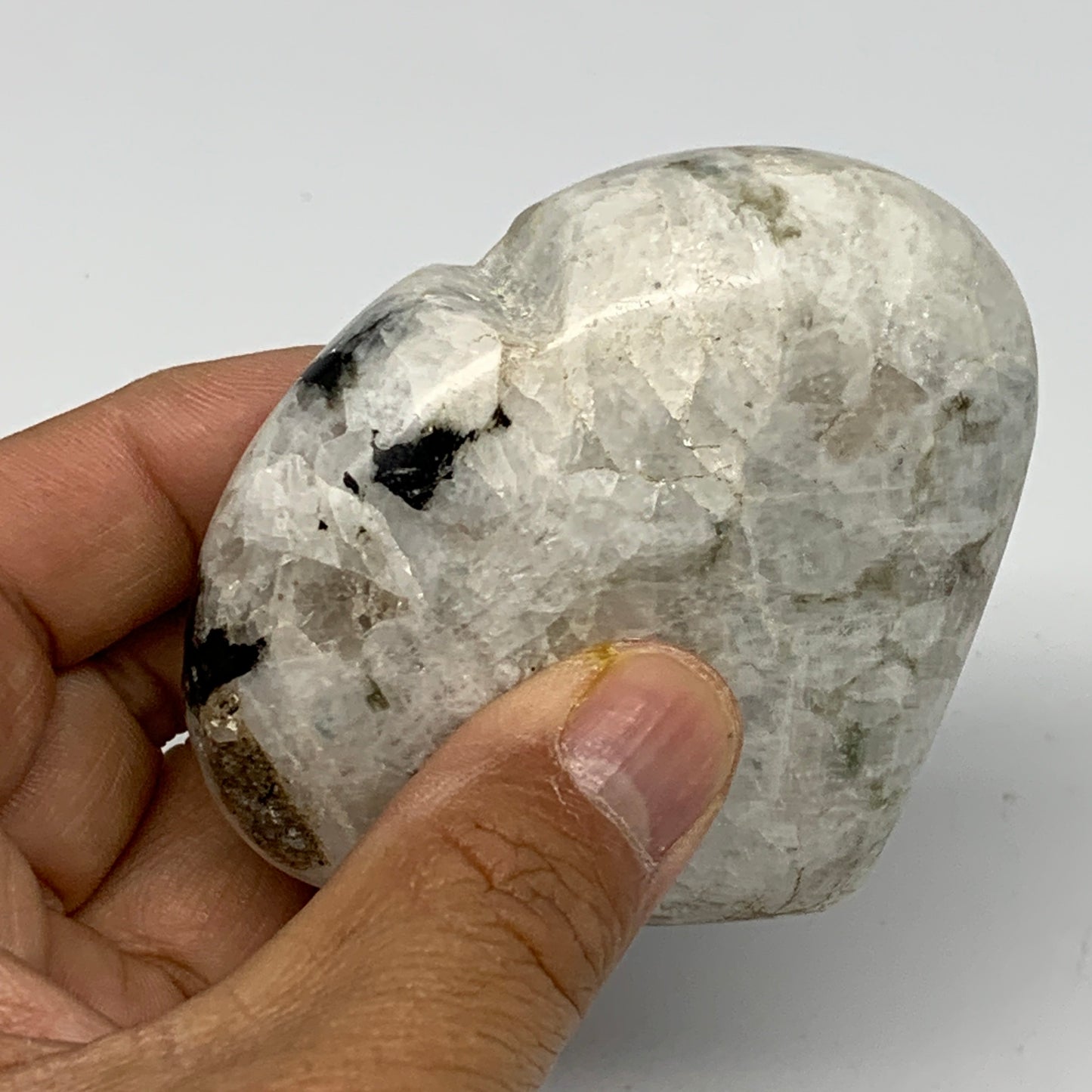 207.5g, 2.8"x3.1"x1.1", Rainbow Moonstone Heart Crystal Gemstone @India, B26384