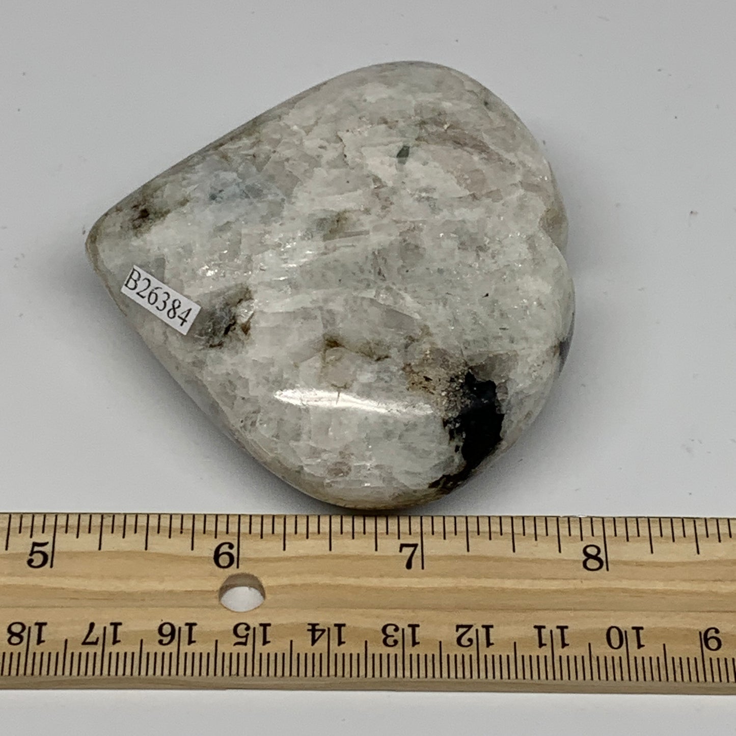 207.5g, 2.8"x3.1"x1.1", Rainbow Moonstone Heart Crystal Gemstone @India, B26384