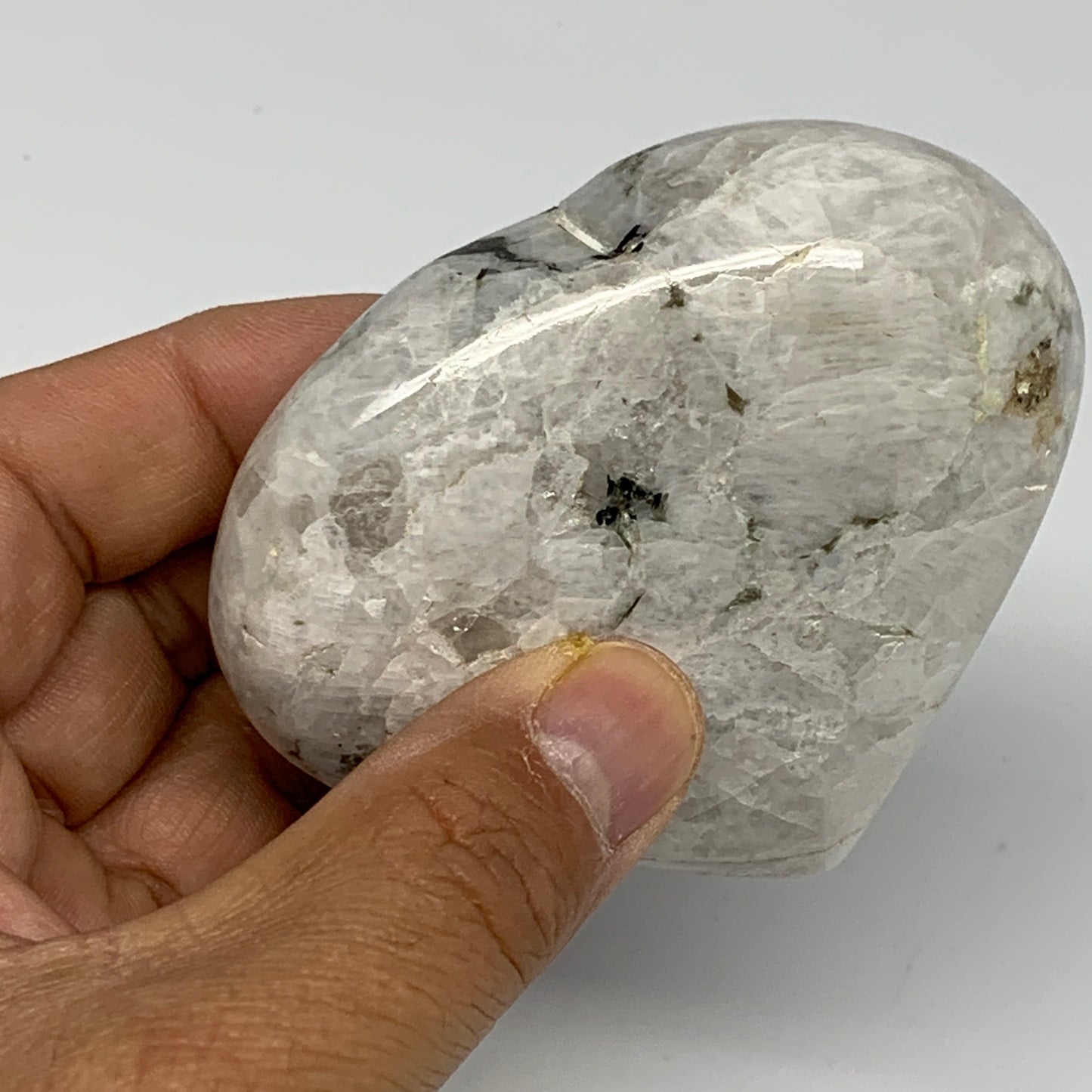 187g, 2.7"x3.1"x1", Rainbow Moonstone Heart Crystal Gemstone @India, B26385