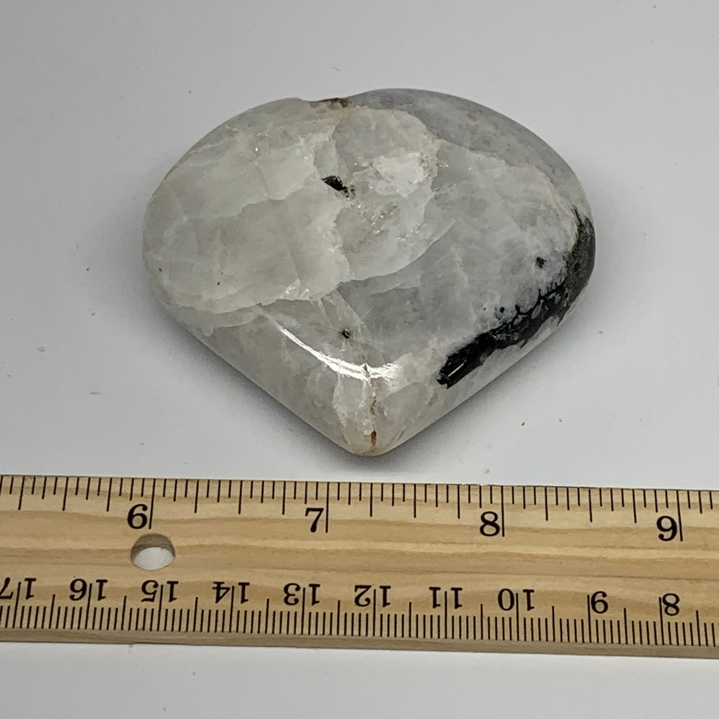 162.2g, 2.6"x2.8"x1", Rainbow Moonstone Heart Crystal Gemstone @India, B26386