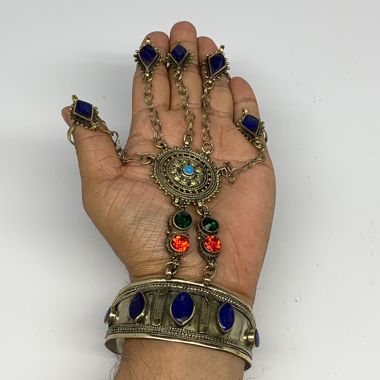 82.2g, 7.25" Tribal Turkmen Lapis Inlay 5 Finger Cuff Bracelet @Afghanistan, B13