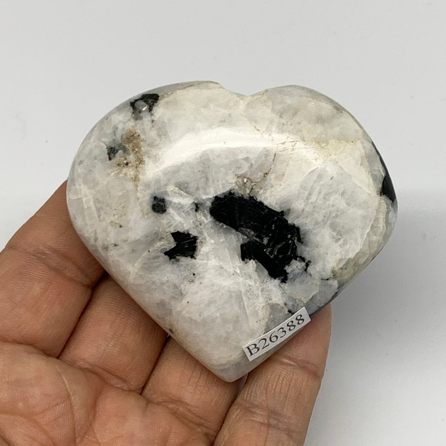 124.8g, 2.4"x2.6"x0.9", Rainbow Moonstone Heart Crystal Gemstone @India, B26388