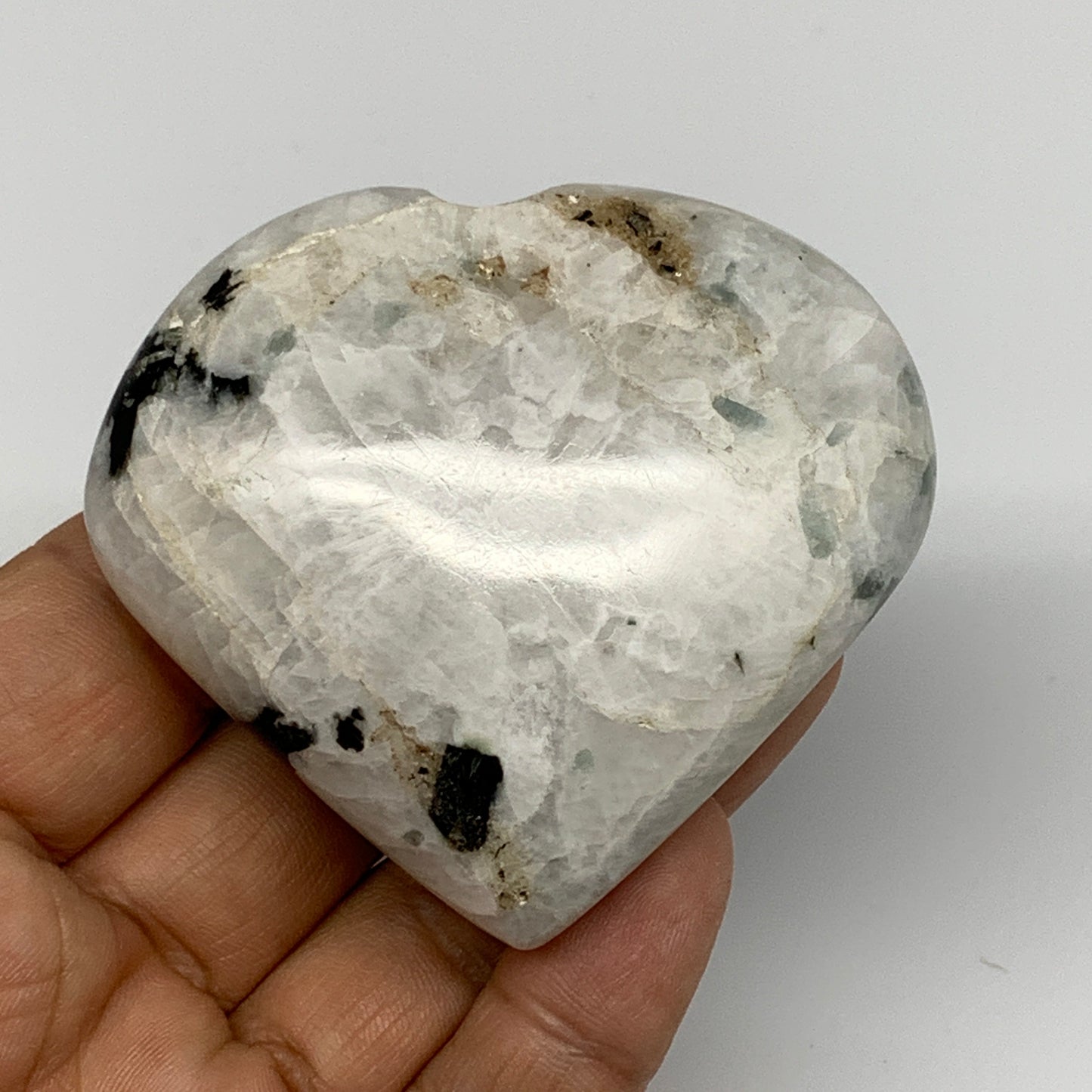 124.8g, 2.4"x2.6"x0.9", Rainbow Moonstone Heart Crystal Gemstone @India, B26388