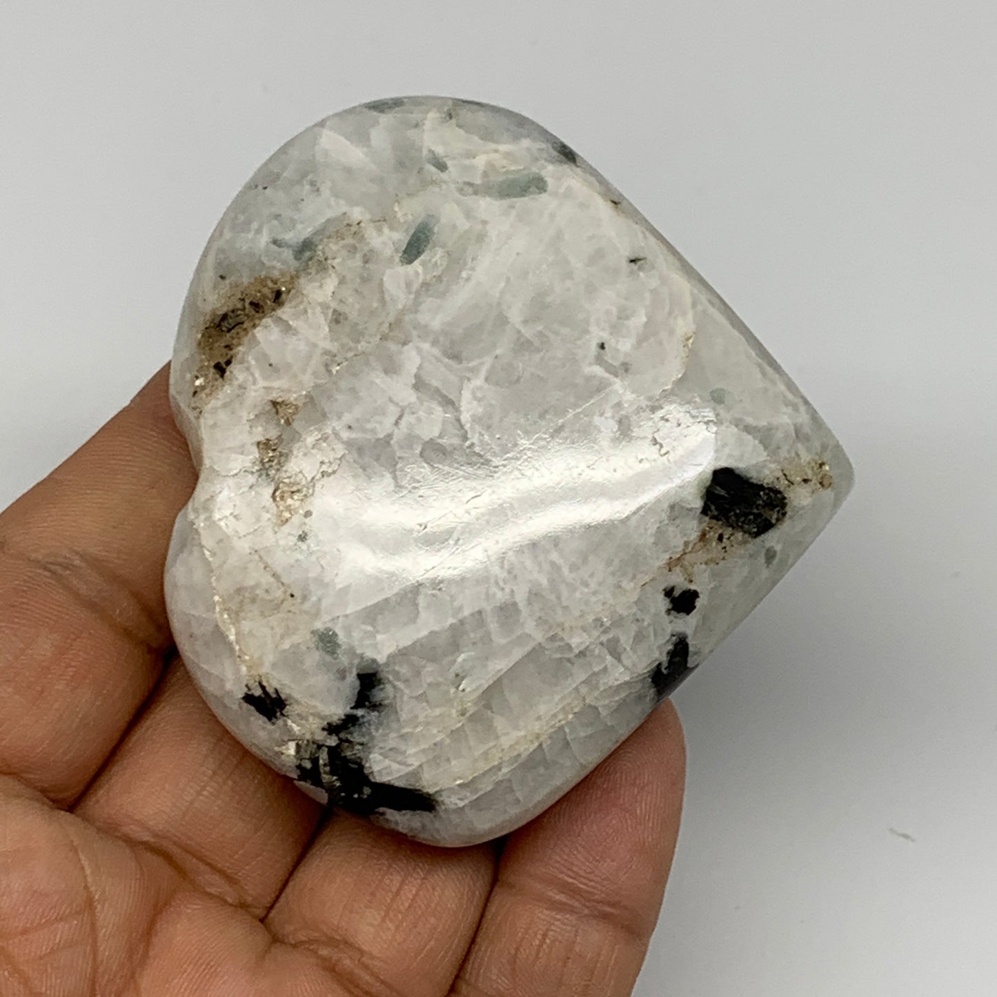 124.8g, 2.4"x2.6"x0.9", Rainbow Moonstone Heart Crystal Gemstone @India, B26388