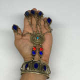 90.5g, 7.25" Tribal Turkmen Lapis Inlay 5 Finger Cuff Bracelet @Afghanistan, B13