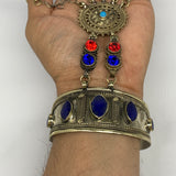 90.5g, 7.25" Tribal Turkmen Lapis Inlay 5 Finger Cuff Bracelet @Afghanistan, B13