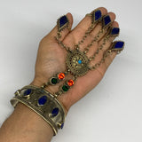 89.1g, 7.25" Tribal Turkmen Lapis Inlay 5 Finger Cuff Bracelet @Afghanistan, B13