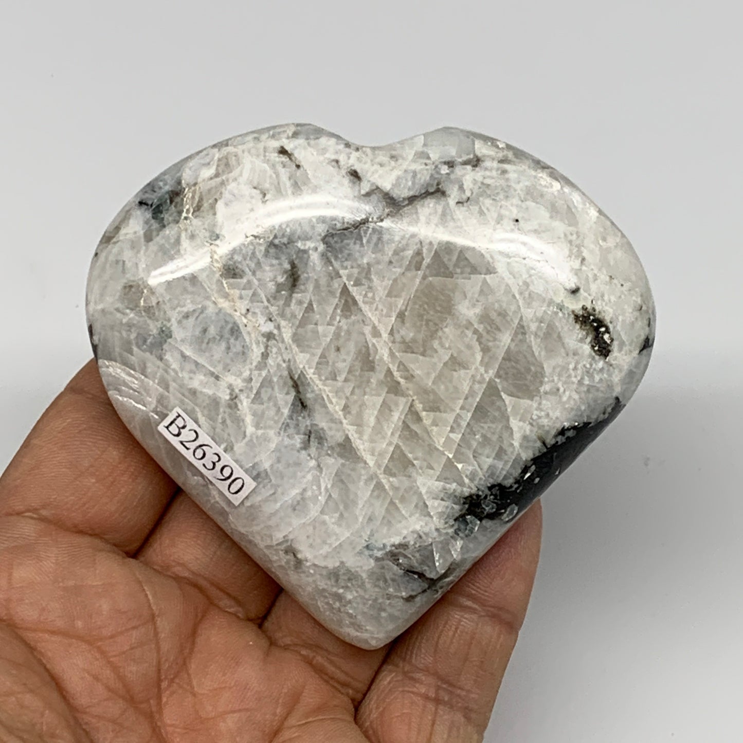 162.5g, 2.7"x3"x0.9", Rainbow Moonstone Heart Crystal Gemstone @India, B26390