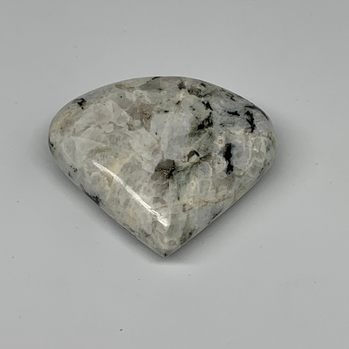 128.5g, 2.5"x2.7"x0.9", Rainbow Moonstone Heart Crystal Gemstone @India, B26391