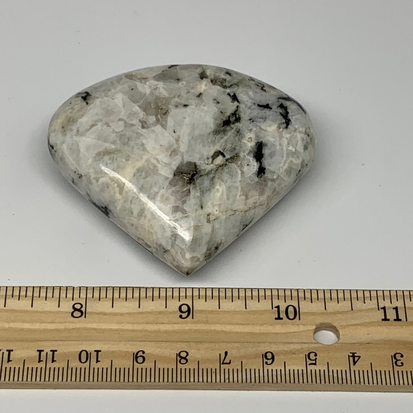 128.5g, 2.5"x2.7"x0.9", Rainbow Moonstone Heart Crystal Gemstone @India, B26391