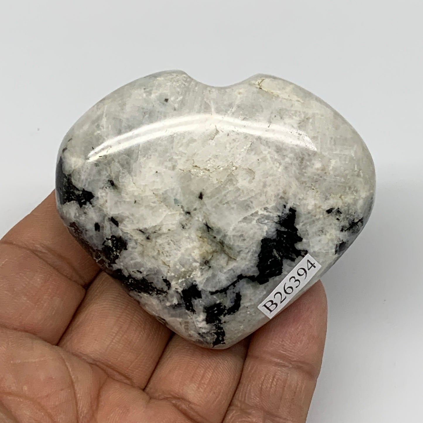 130.8g, 2.2"x2.5"x1", Rainbow Moonstone Heart Crystal Gemstone @India, B26394