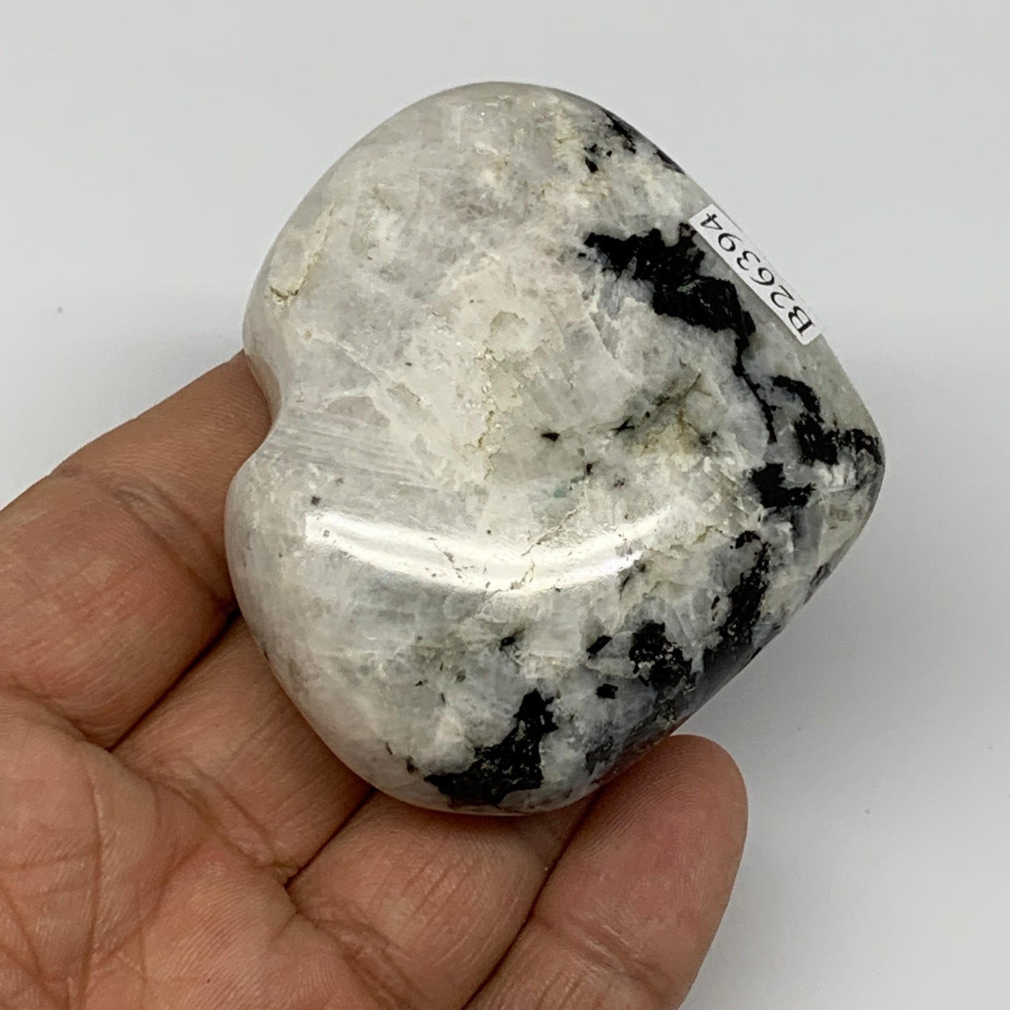130.8g, 2.2"x2.5"x1", Rainbow Moonstone Heart Crystal Gemstone @India, B26394