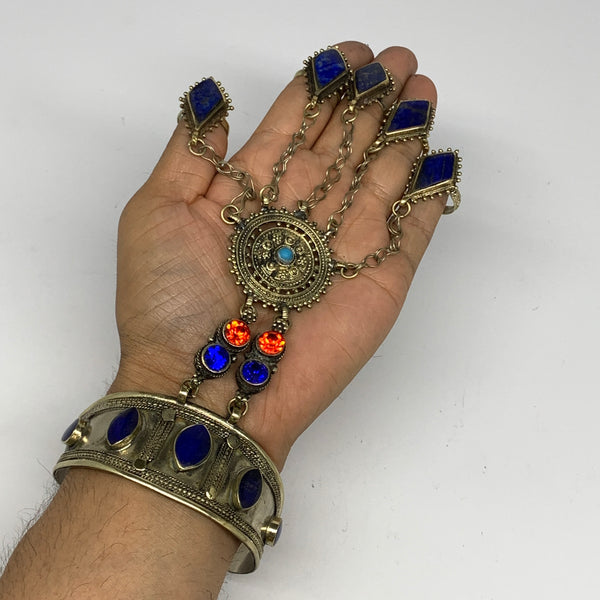 88.9g, 7.25" Tribal Turkmen Lapis Inlay 5 Finger Cuff Bracelet @Afghanistan, B13