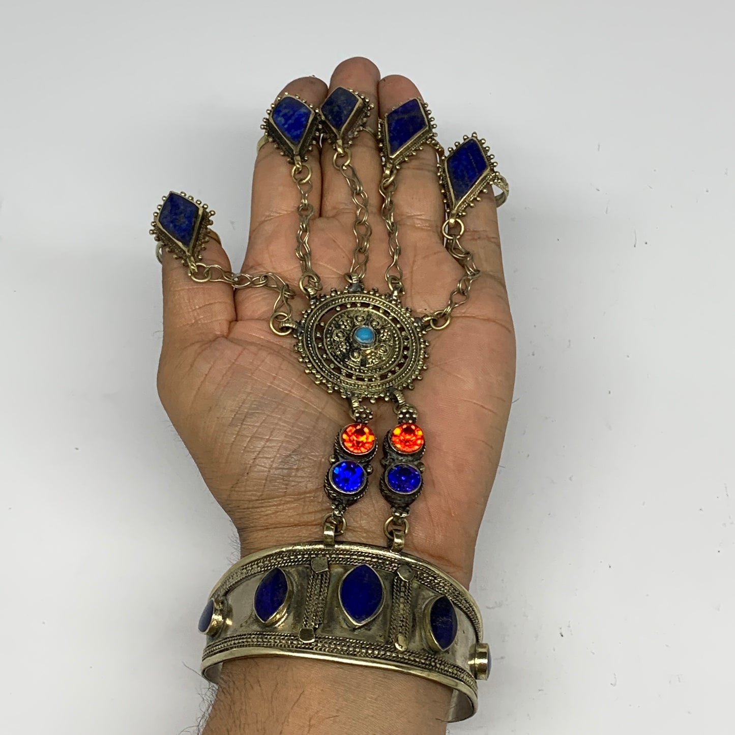 88.9g, 7.25" Tribal Turkmen Lapis Inlay 5 Finger Cuff Bracelet @Afghanistan, B13