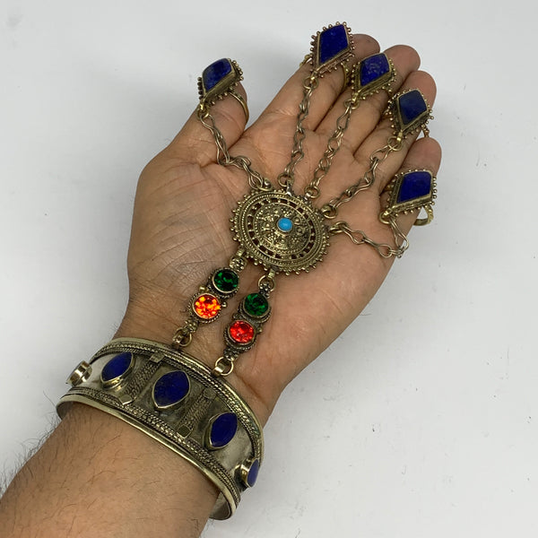 92.6g, 7.25" Tribal Turkmen Lapis Inlay 5 Finger Cuff Bracelet @Afghanistan, B13