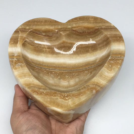 1986g,5.8"x6"x2.3" Natural Orange Calcite Plate Heart Gemstones Bowl Dish, B1422