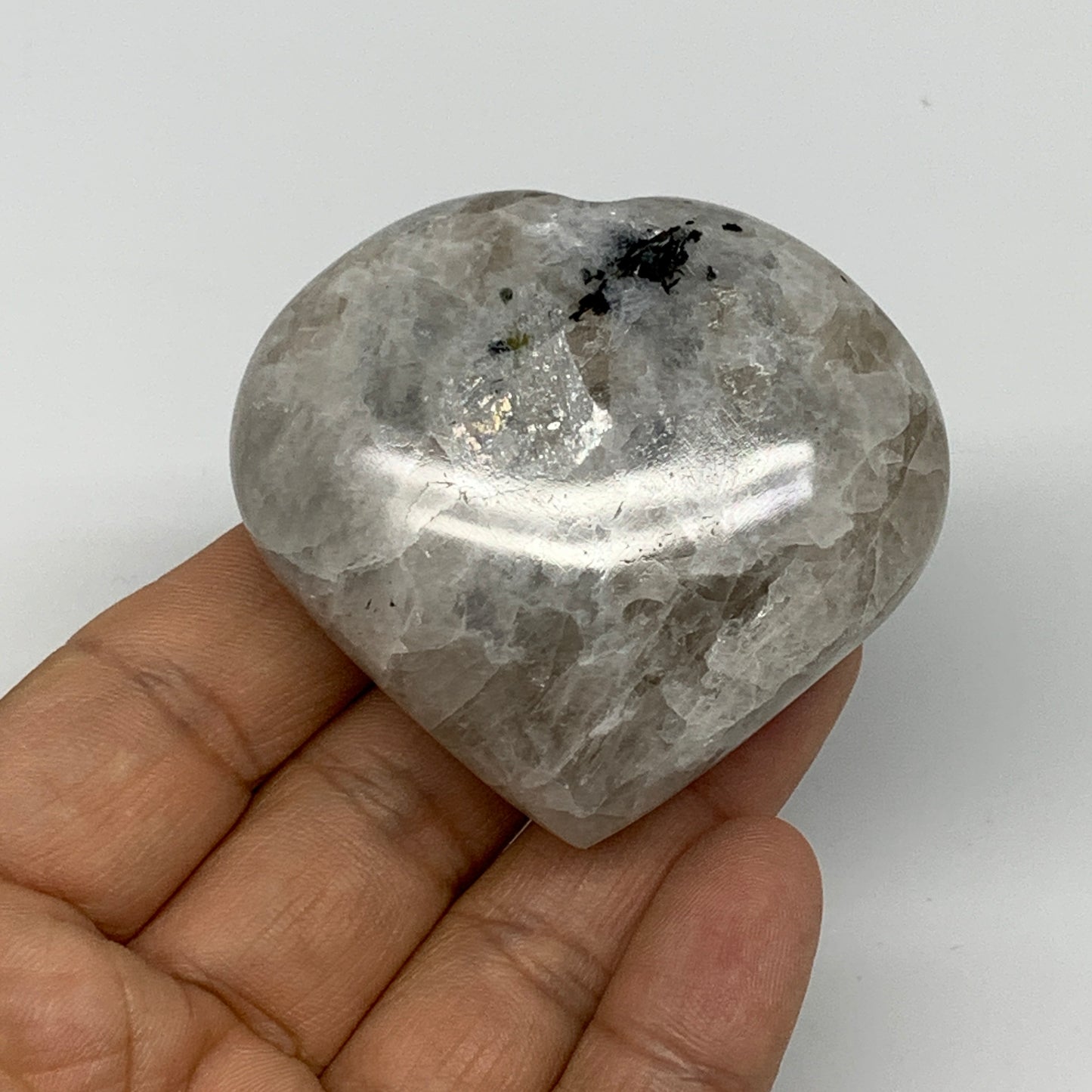 98.4g, 2.1"x2.3"x0.9", Rainbow Moonstone Heart Crystal Gemstone @India, B26401