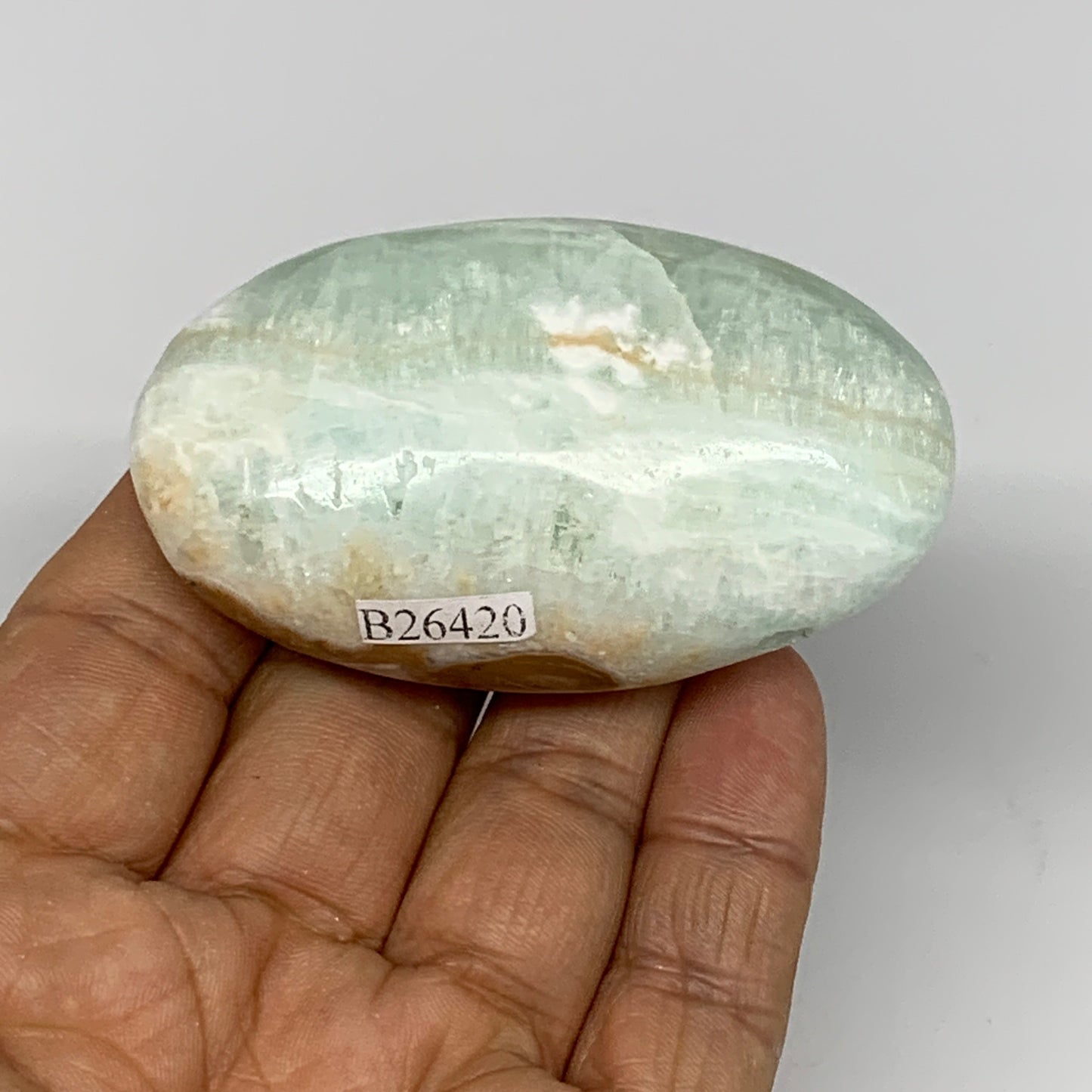 92g, 2.6"x1.5"x1", Blue Aragonite Calcite Palm-Stone @Afghanistan, B26420