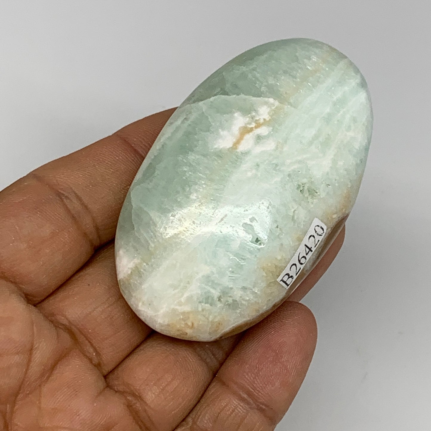 92g, 2.6"x1.5"x1", Blue Aragonite Calcite Palm-Stone @Afghanistan, B26420