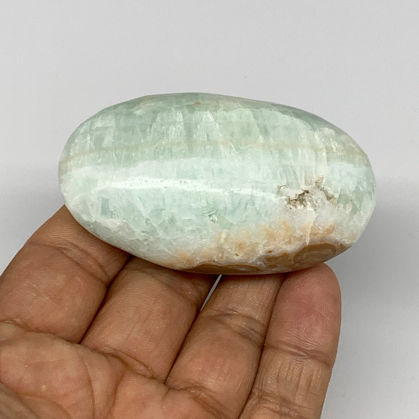 92g, 2.6"x1.5"x1", Blue Aragonite Calcite Palm-Stone @Afghanistan, B26420