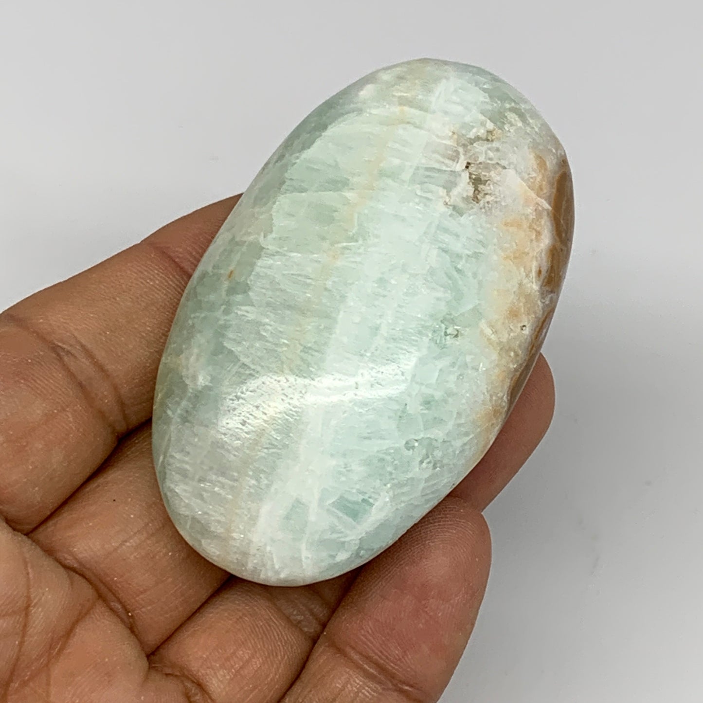 92g, 2.6"x1.5"x1", Blue Aragonite Calcite Palm-Stone @Afghanistan, B26420