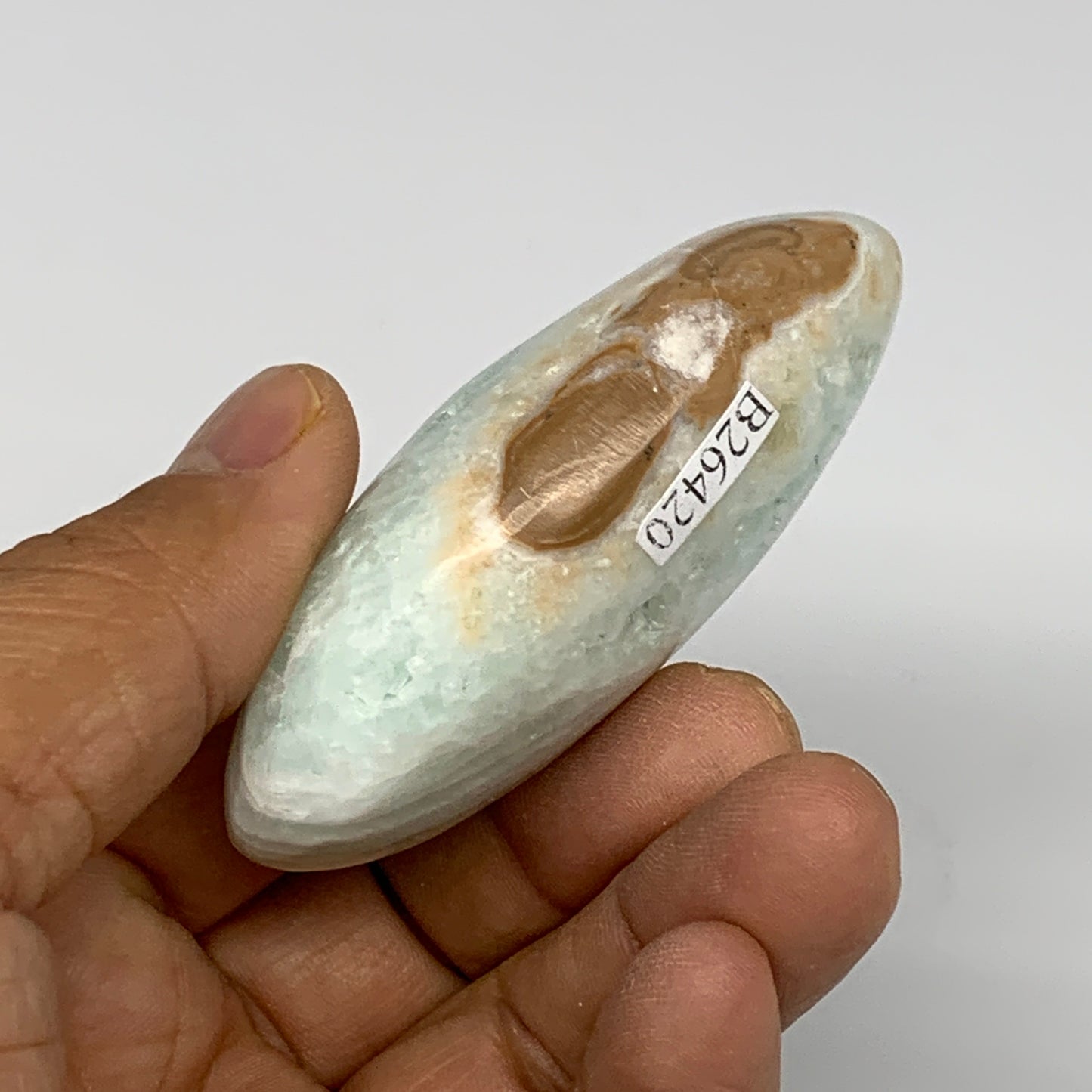 92g, 2.6"x1.5"x1", Blue Aragonite Calcite Palm-Stone @Afghanistan, B26420