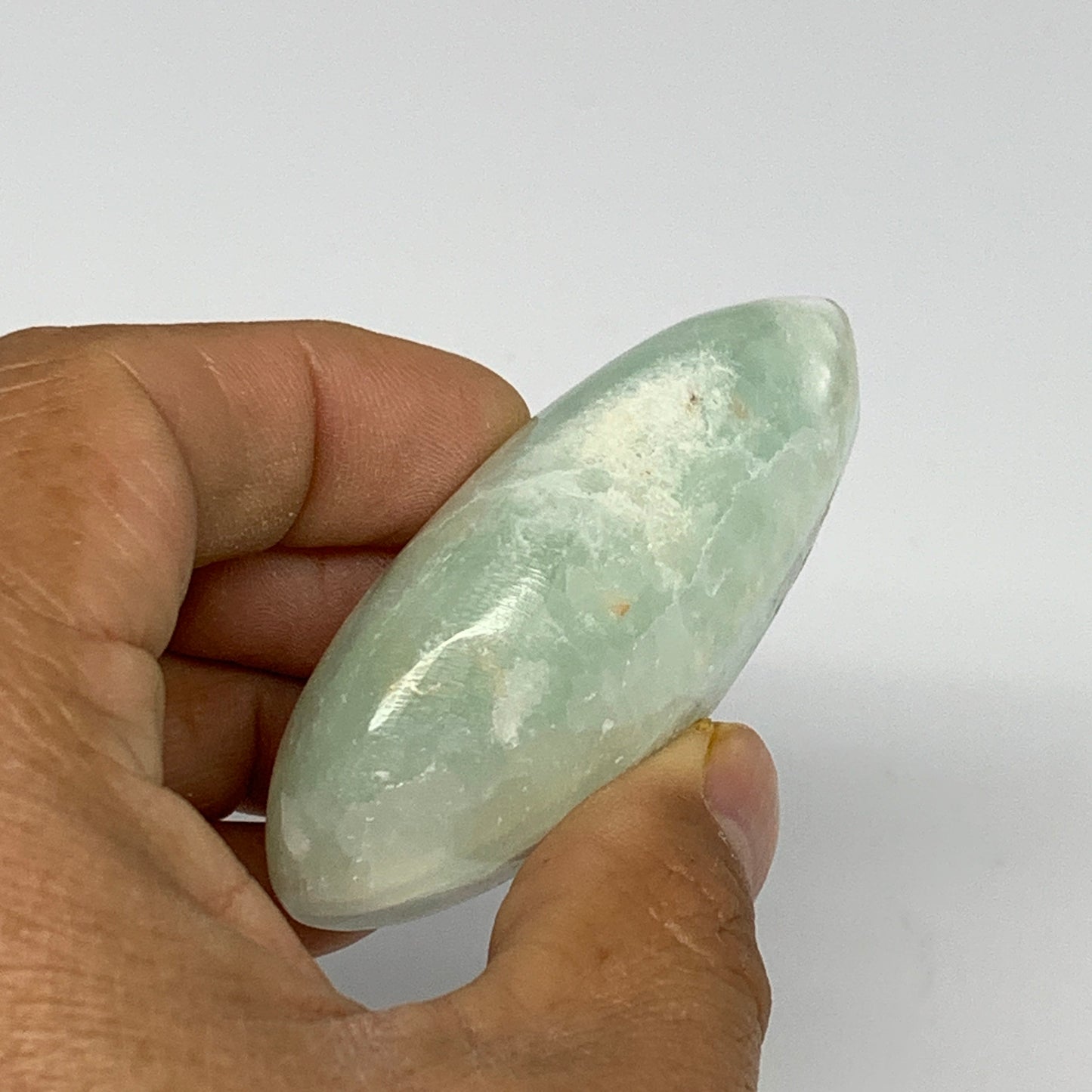 92g, 2.6"x1.5"x1", Blue Aragonite Calcite Palm-Stone @Afghanistan, B26420