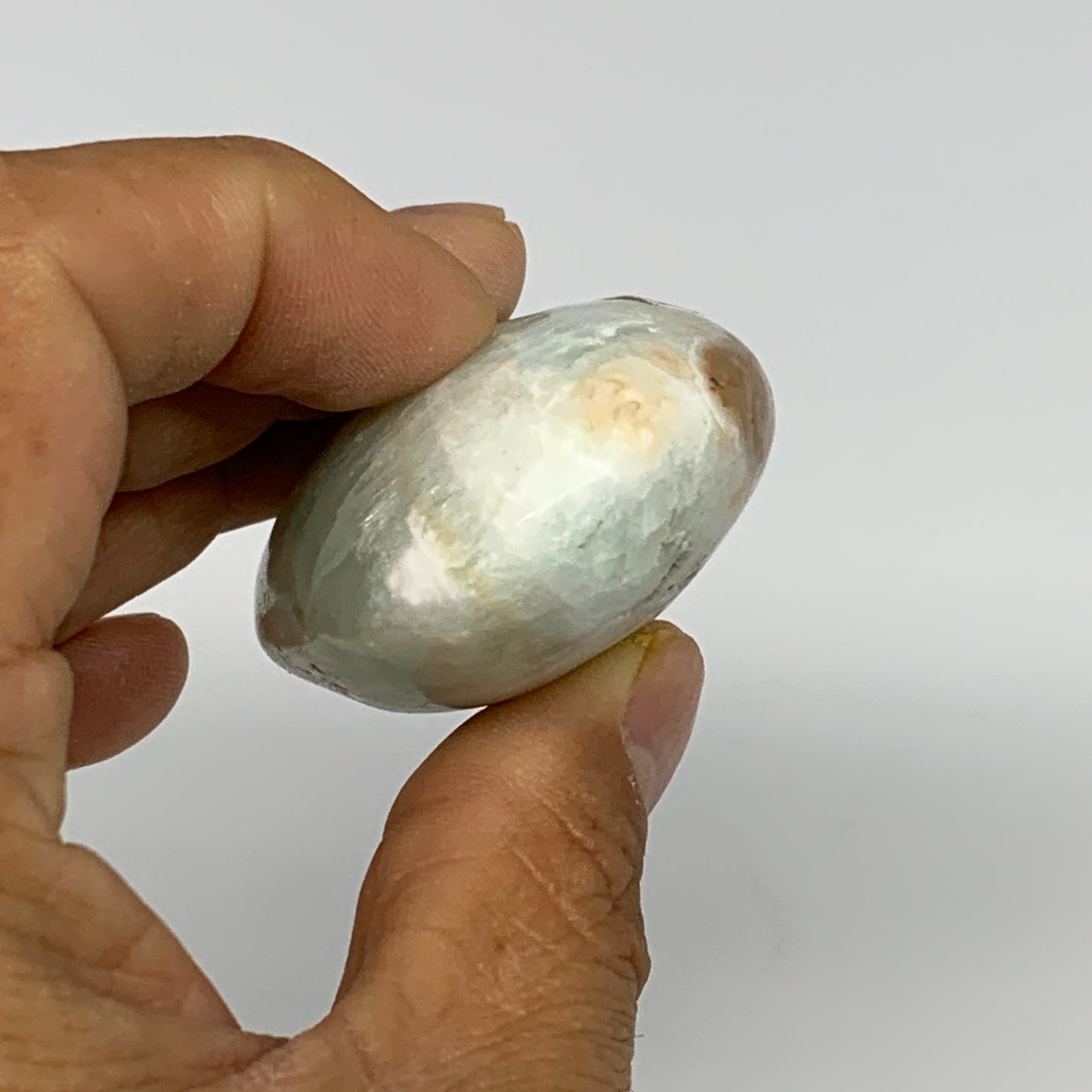 92g, 2.6"x1.5"x1", Blue Aragonite Calcite Palm-Stone @Afghanistan, B26420