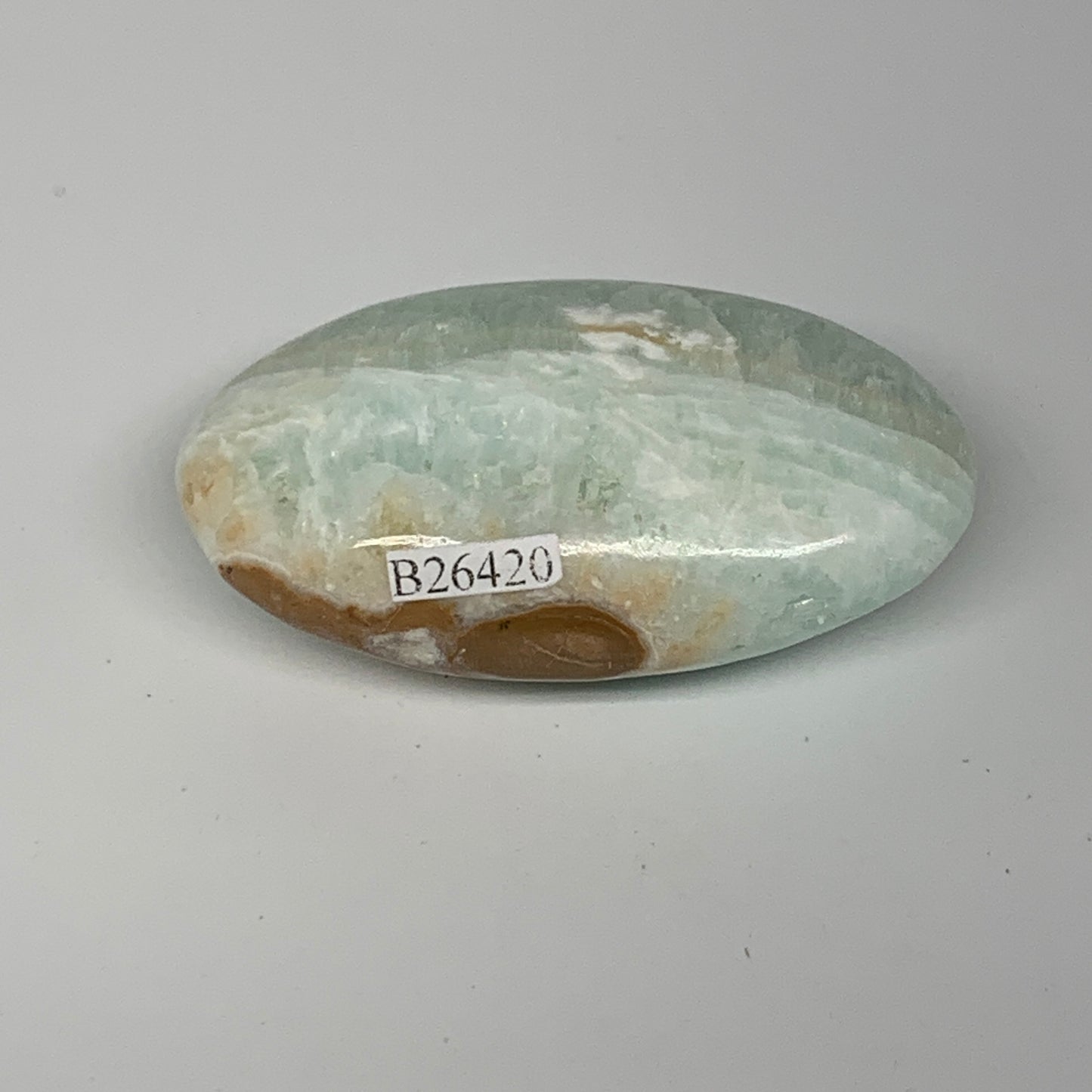 92g, 2.6"x1.5"x1", Blue Aragonite Calcite Palm-Stone @Afghanistan, B26420