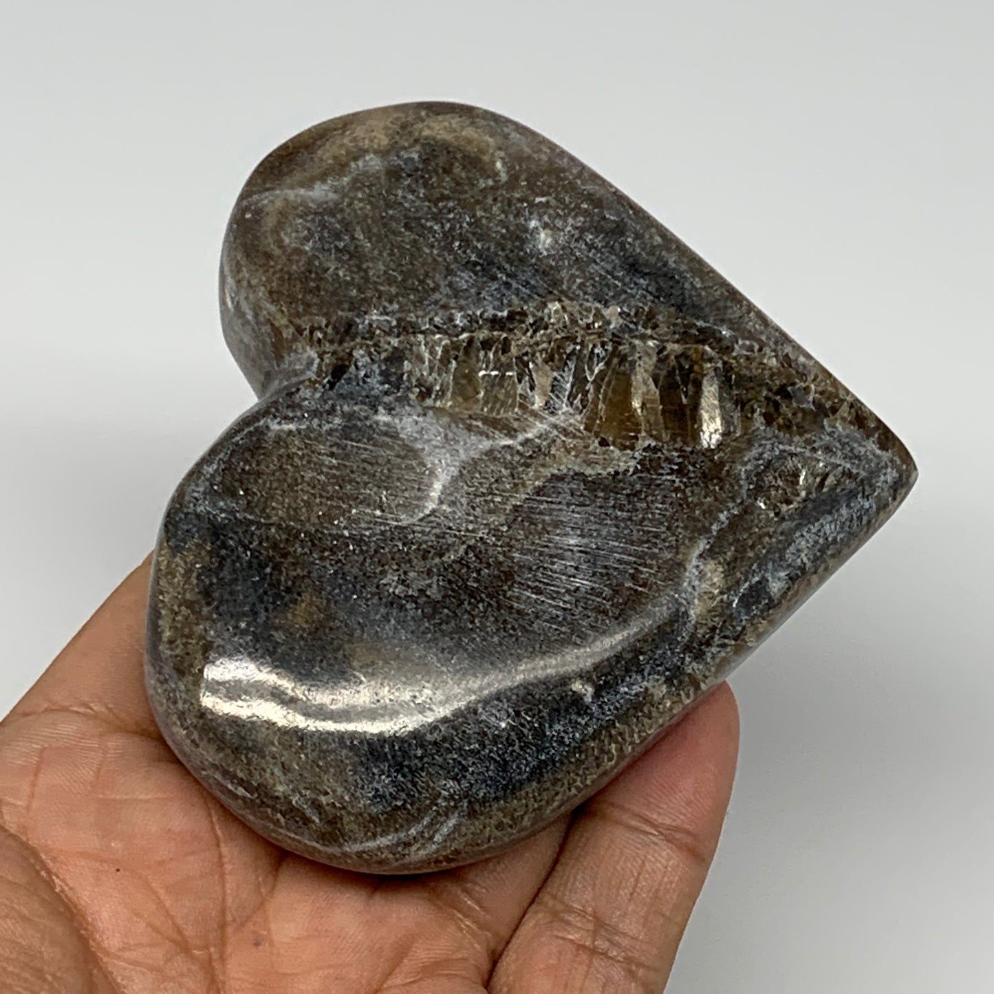 212.4g,3.2"x3.5"x1" Natural Chocolate Gray Onyx Heart Polished @Morocco,B18790