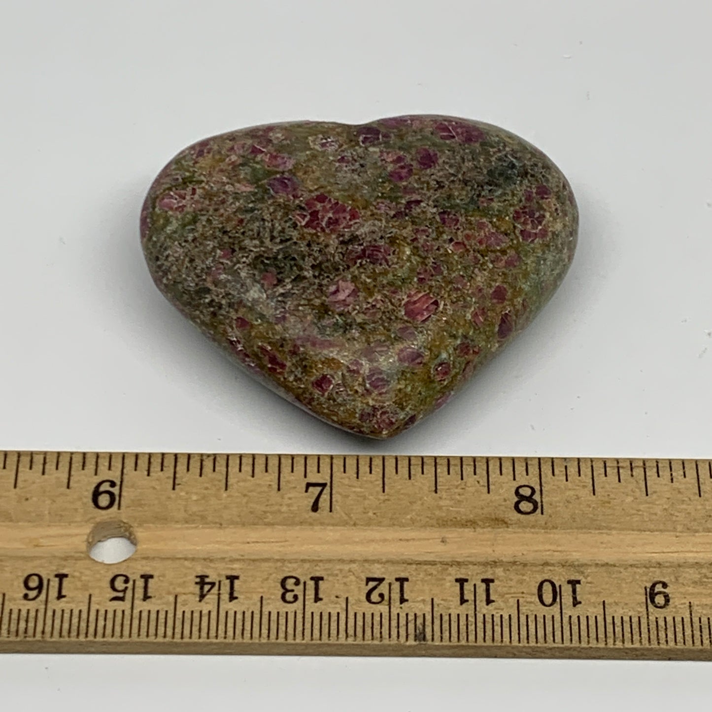 88.9g, 1.9"x2.2"x0.8", Ruby Kyanite Heart Small Polished Healing Crystal, B22065