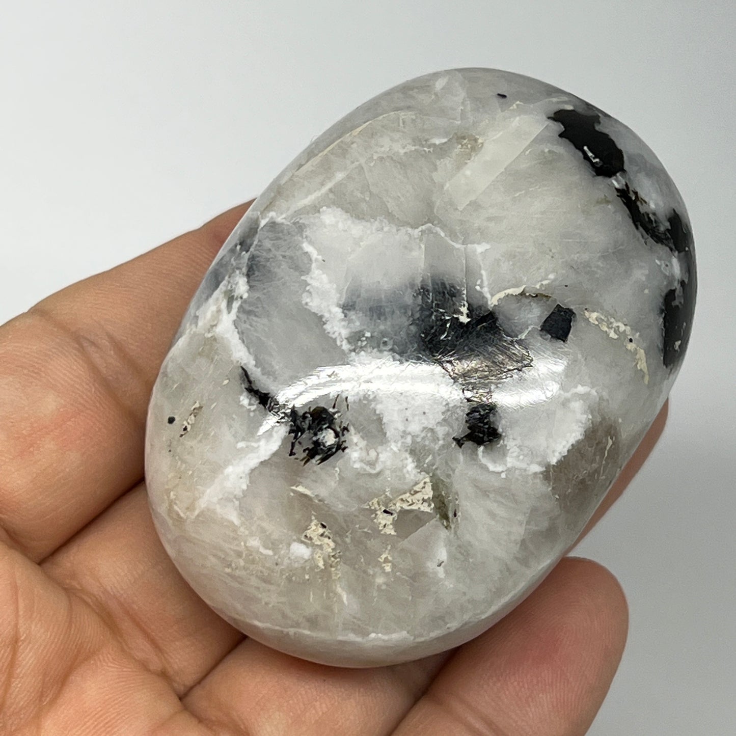 115.5g,2.4"x1.7"x1.2", Rainbow Moonstone Palm-Stone Polished from India, B21242