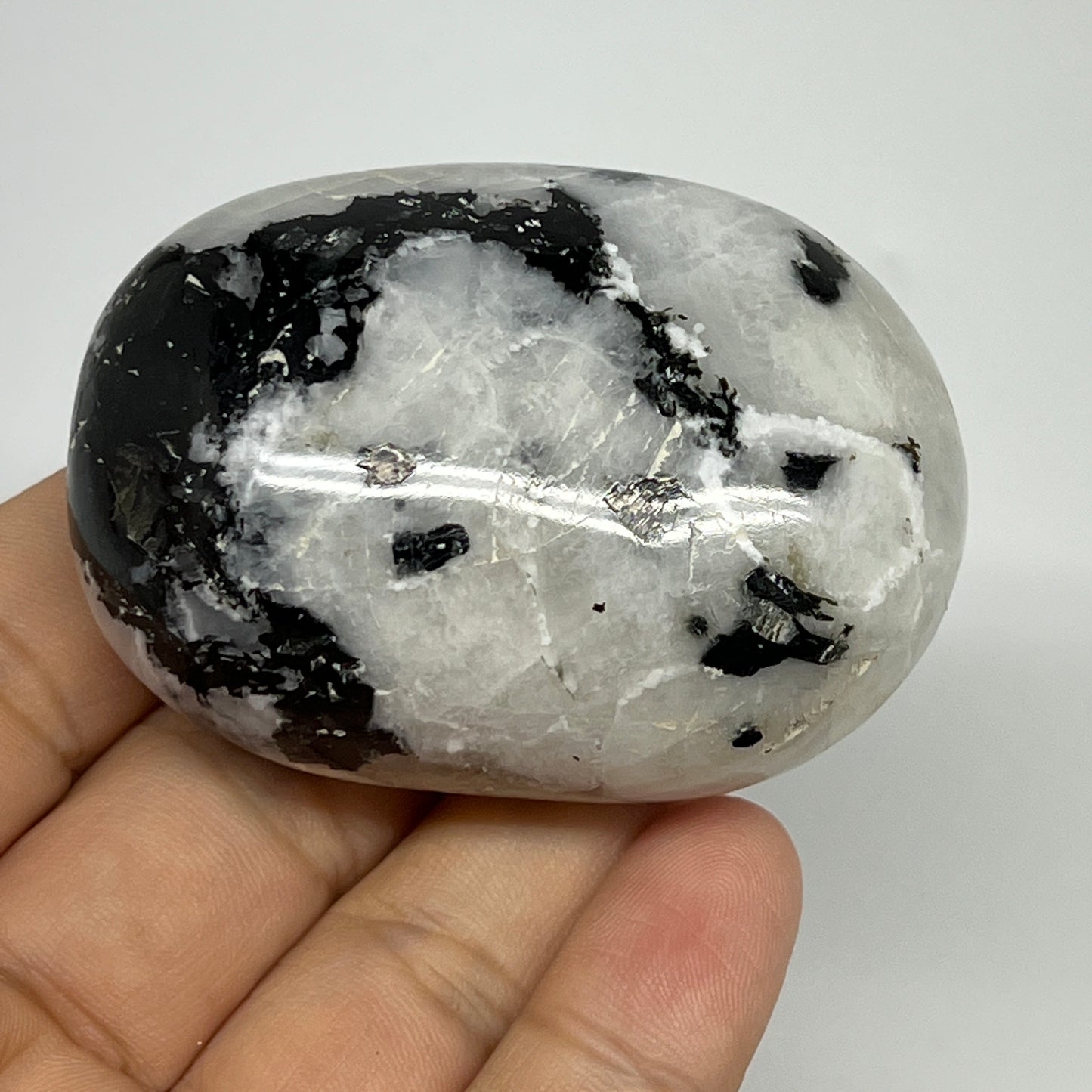 115.5g,2.4"x1.7"x1.2", Rainbow Moonstone Palm-Stone Polished from India, B21242