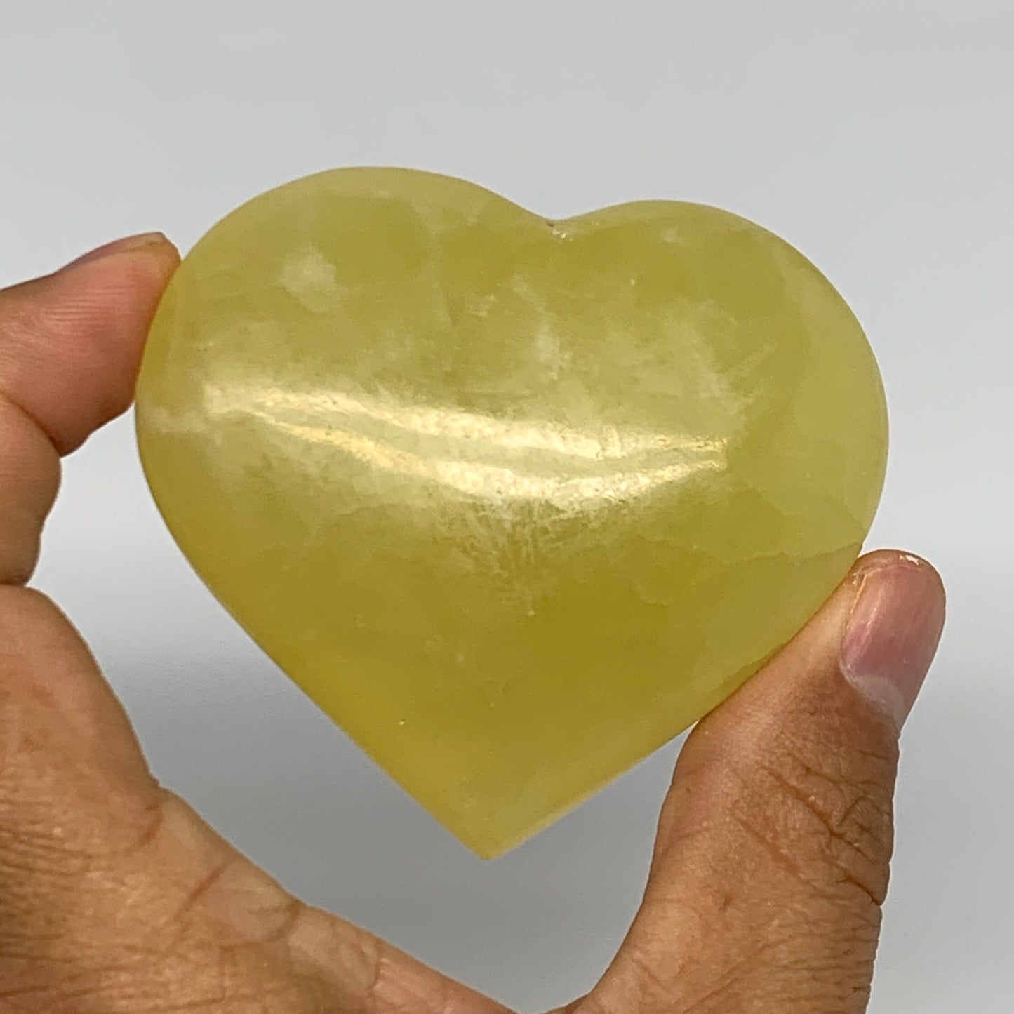 131.6g, 2.3"x2.6"x0.9" Lemon Calcite Heart Crystal Gemstones @Afghanistan, B2685