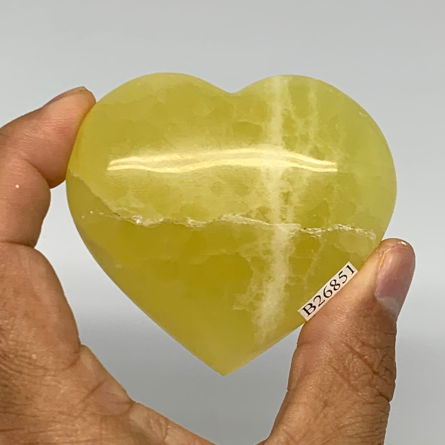 145.4g, 2.3"x2.6"x1" Lemon Calcite Heart Crystal Gemstones @Afghanistan, B26851