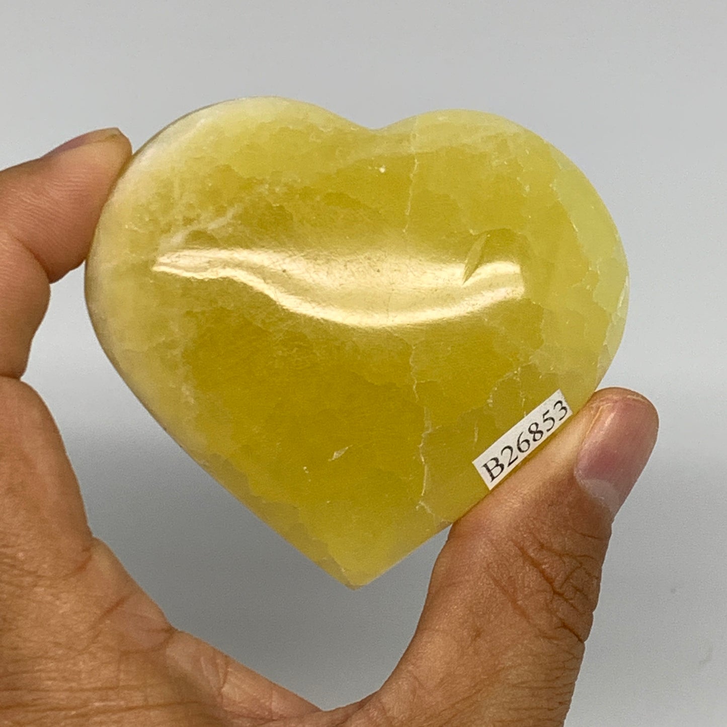 144.9g, 2.4"x2.6"x1" Lemon Calcite Heart Crystal Gemstones @Afghanistan, B26853