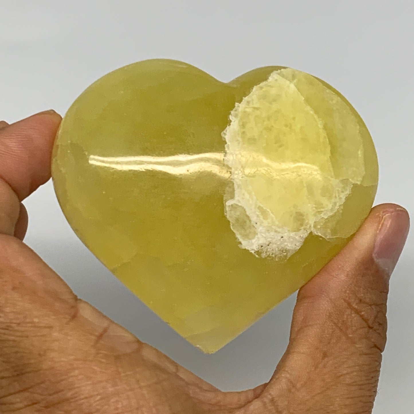 135.2g, 2.4"x2.7"x0.9" Lemon Calcite Heart Crystal Gemstones @Afghanistan, B2685