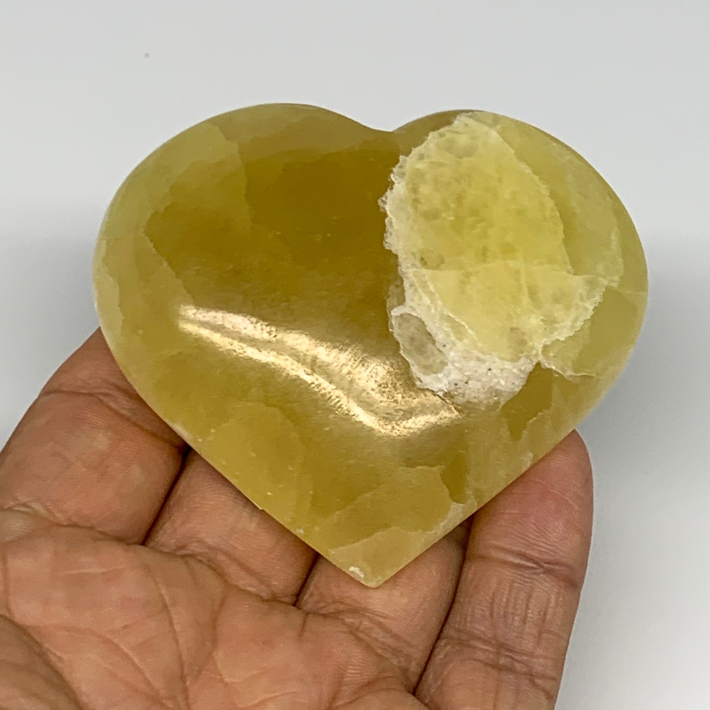 135.2g, 2.4"x2.7"x0.9" Lemon Calcite Heart Crystal Gemstones @Afghanistan, B2685