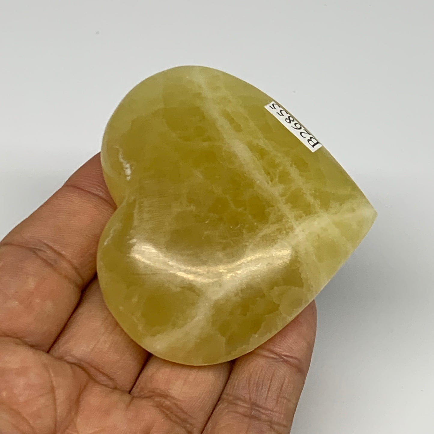 124.2g, 2.3"x2.5"x0.9" Lemon Calcite Heart Crystal Gemstones @Afghanistan, B2685