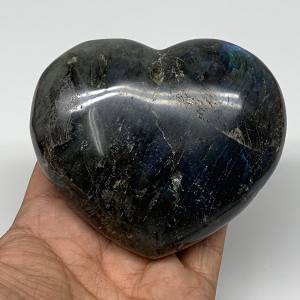421.5g,3.1"x3.6"x1.6" Natural Labradorite Heart Polished Healing Crystal,B4452