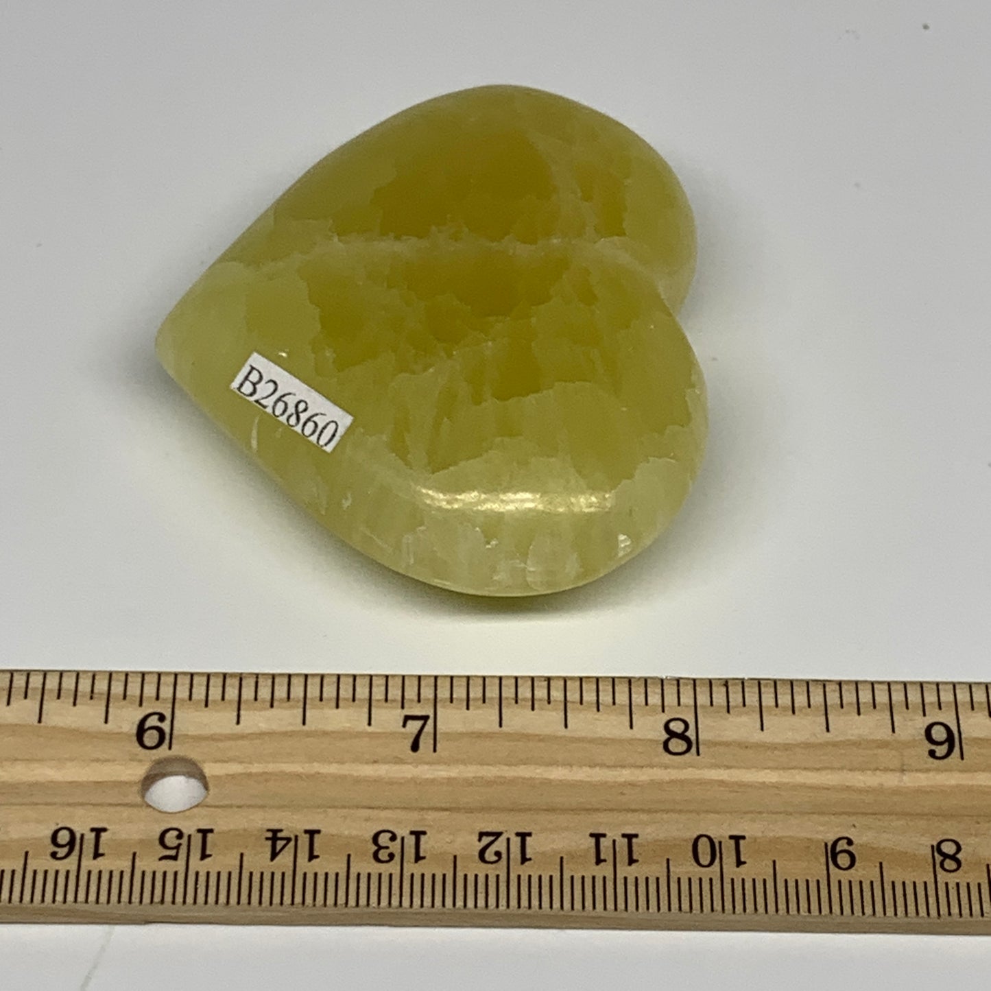 126.1g, 2.2"x2.6"x0.9" Lemon Calcite Heart Crystal Gemstones @Afghanistan, B2686