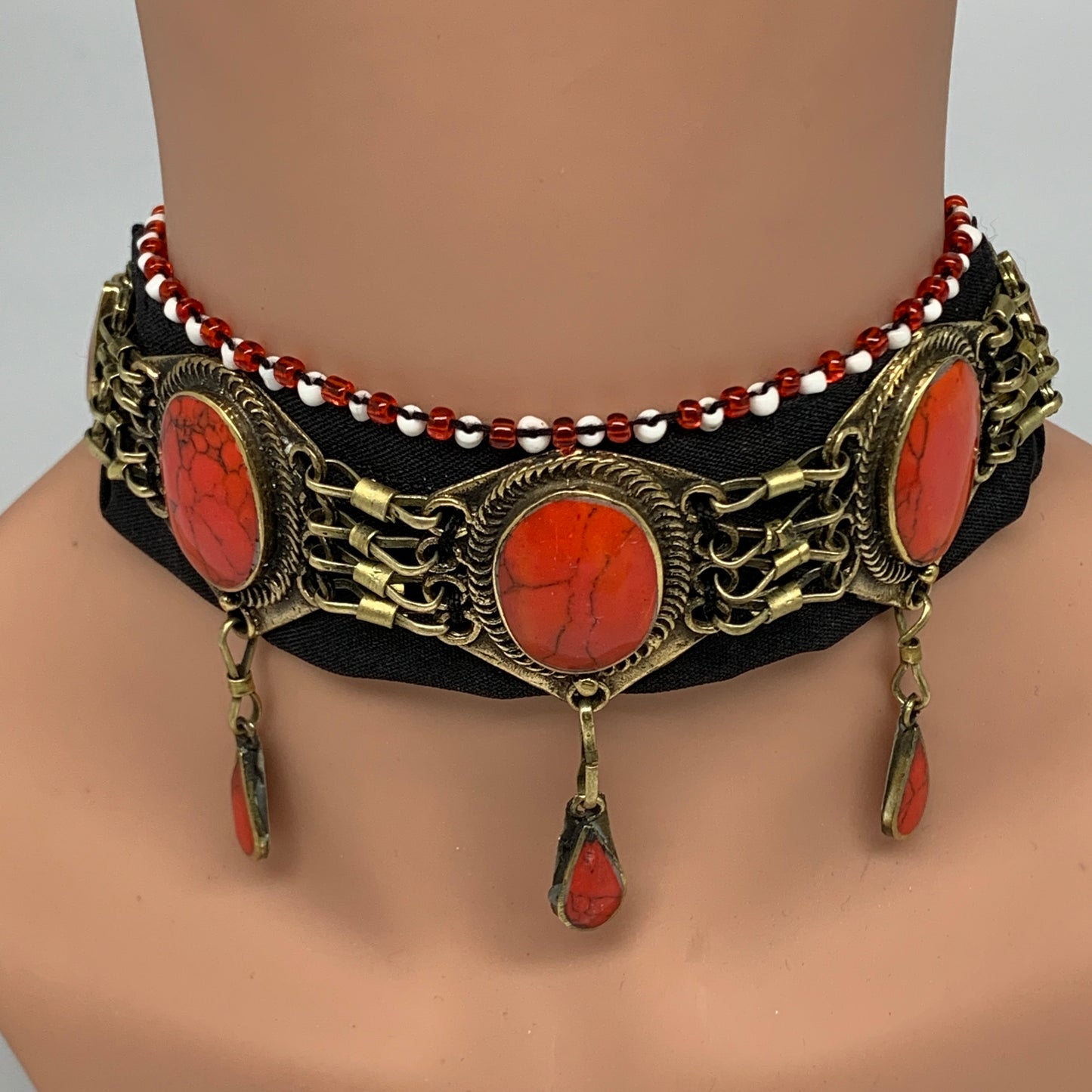 1pc, 20" Choker Necklace Afghan Turkmen Tribal 5 Cab Coral Inlay Fashion,B13986