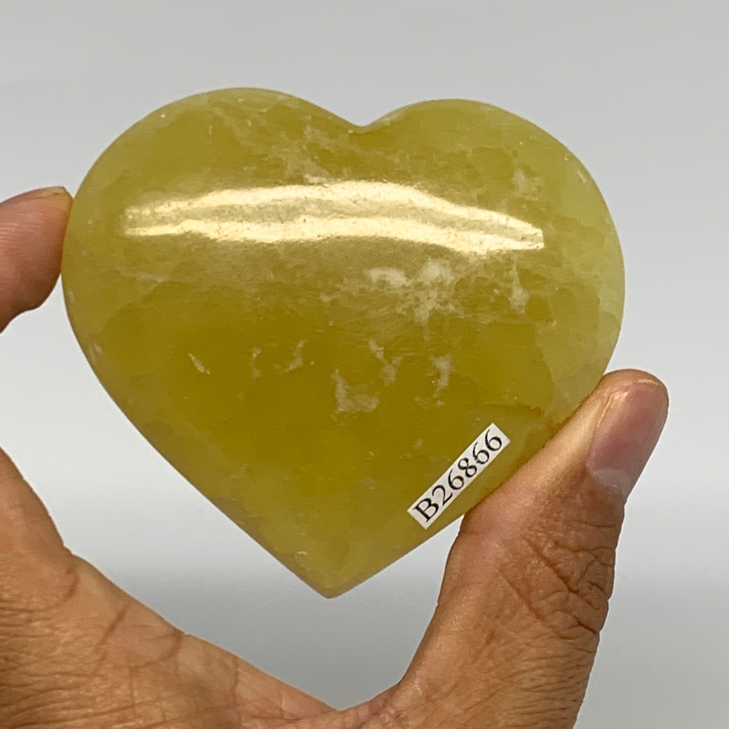 145g, 2.4"x2.7"x0.9" Lemon Calcite Heart Crystal Gemstones @Afghanistan, B26866