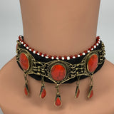1pc, 20" Choker Necklace Afghan Turkmen Tribal 5 Cab Coral Inlay Fashion,B13987