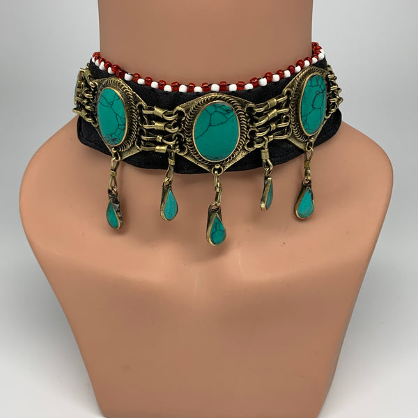 1pc, 24" Choker Necklace Afghan Turkmen Tribal 5 Cab Turquoise Inlay Fashion,B13